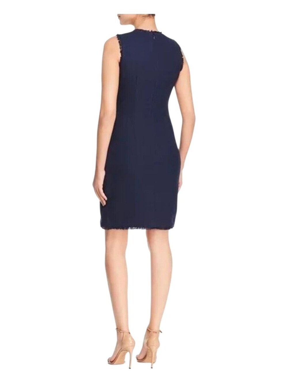 KARL LAGERFELD PARIS Sleeveless Tweed Fringe Sheath Dress Navy Size 10 EUC - Picture 2 of 15